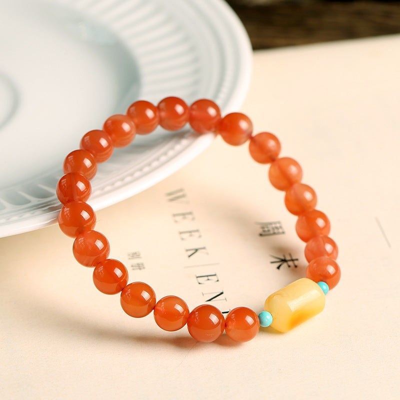 Sukhazen Natural Liangshan Red Agate Round Bead Bracelet