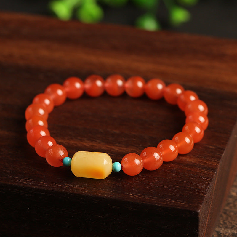 Sukhazen Natural Liangshan Red Agate Round Bead Bracelet