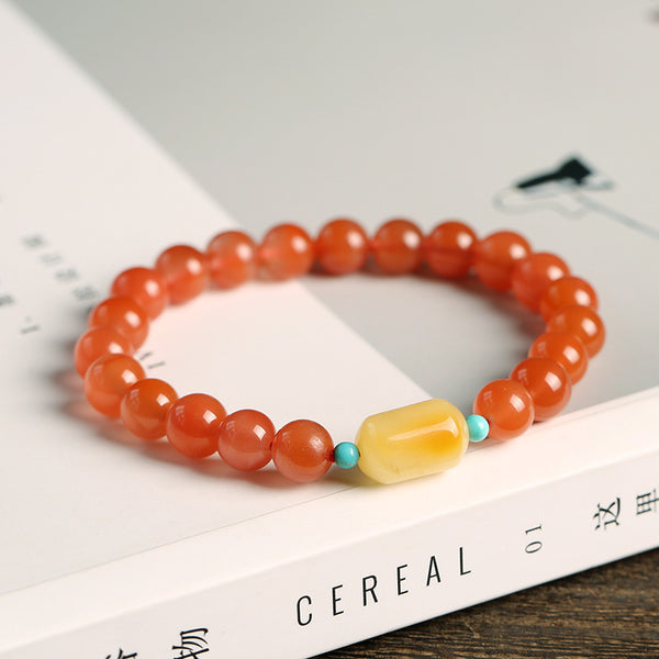 Sukhazen Natural Liangshan Red Agate Round Bead Bracelet