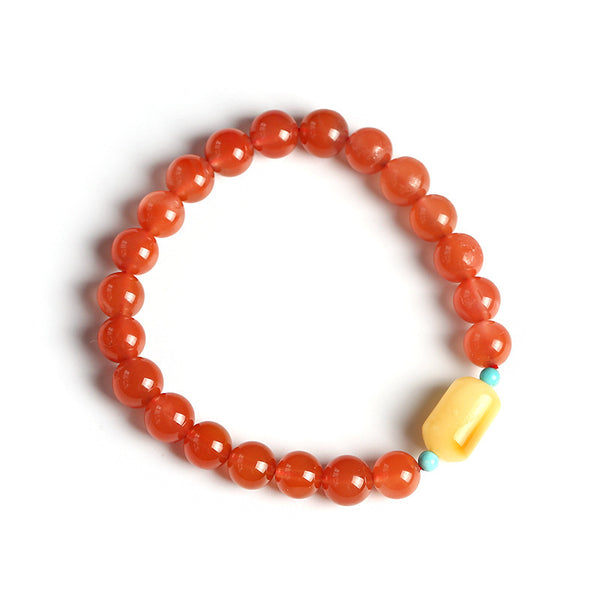 Sukhazen Natural Liangshan Red Agate Round Bead Bracelet